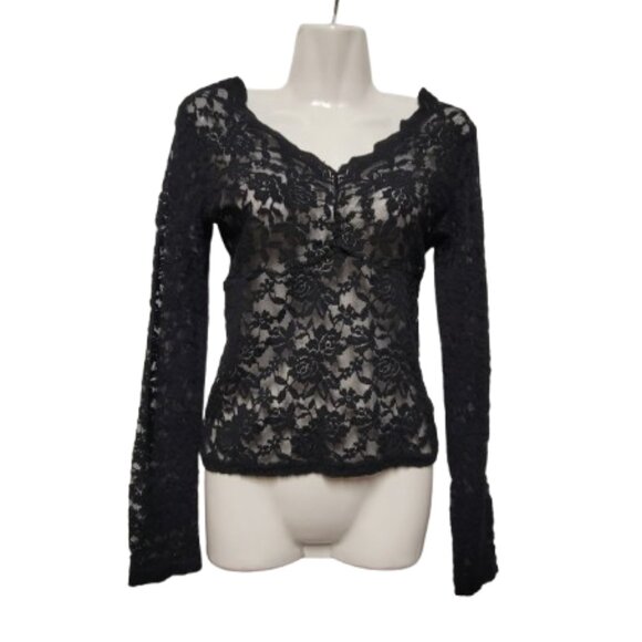 Black Lace Mesh See Through Top Long Sleeve Lace Blouse Size S/M - Picture 1 of 13